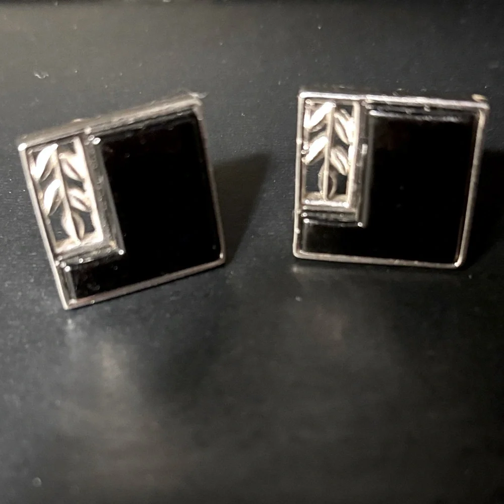 🟧Swank Silver & Black Vintage Square Cufflinks